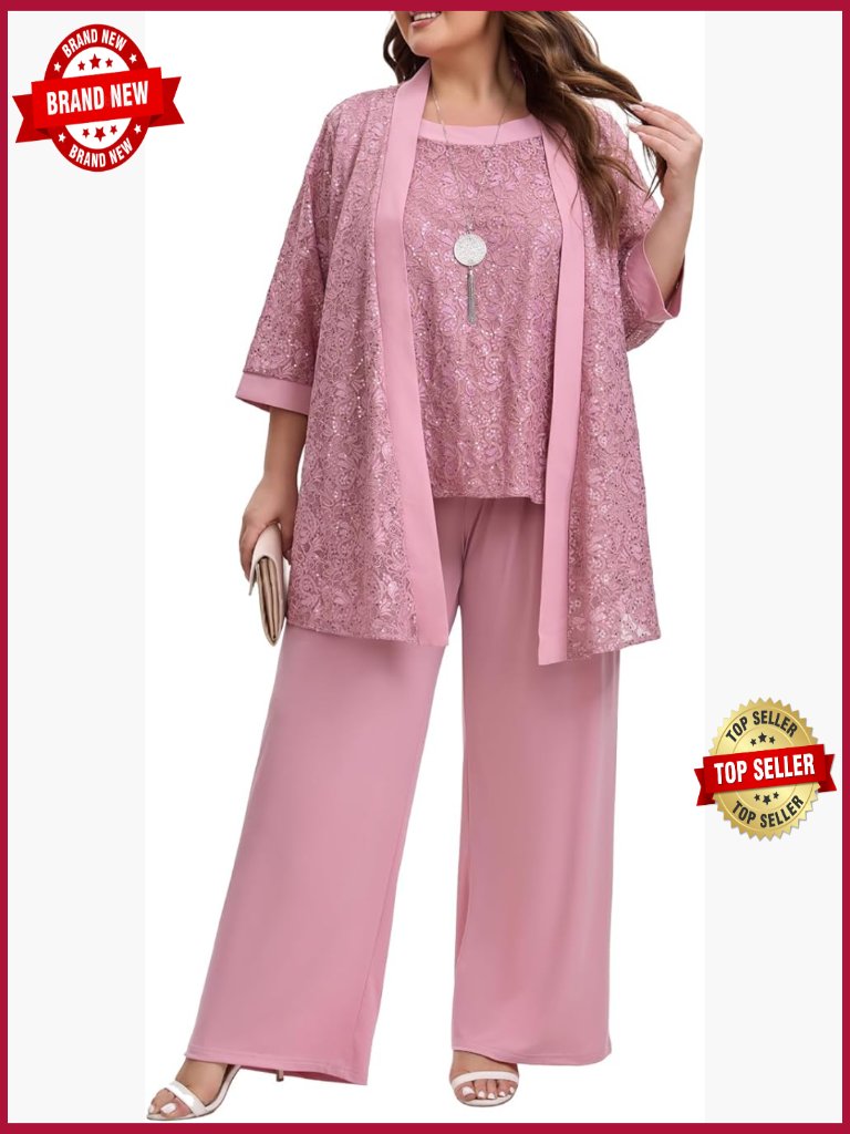 Plus Size Mother Of Bride 3pc Dressy Lace Sequins Pant Suit Wedding Guest Outfit